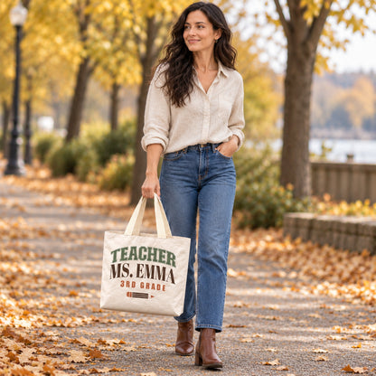 Personalized Teacher Tote Bag - Custom Name & Grade Retro Pencil Gift Bag, Lightweight Durable Reusable Paper-Like Bag - outdoor model styling view