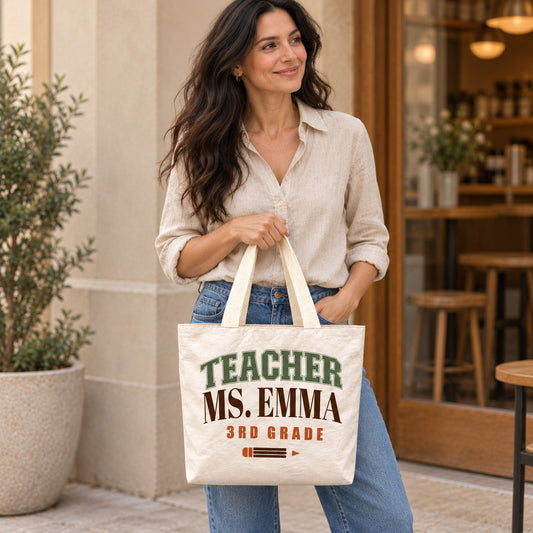 Personalized Teacher Tote Bag - Custom Name & Grade Retro Pencil Gift Bag, Lightweight Durable Reusable Paper-Like Bag - personalized lifestyle scene