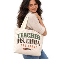 Personalized Teacher Tote Bag - Custom Name & Grade Retro Pencil Gift Bag, Lightweight Durable Reusable Paper-Like Bag