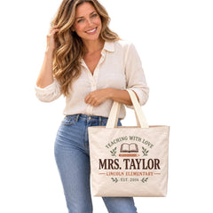 Custom School Teacher Tote Bag - Personalized Name & School Est Year Book Pencil Bag, Lightweight Durable Reusable Paper-Like Bag