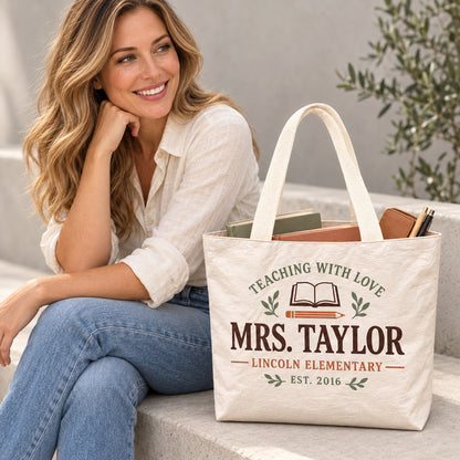 Custom School Teacher Tote Bag - Personalized Name & School Est Year Book Pencil Bag, Lightweight Durable Reusable Paper-Like Bag - open interior canvas lining view
