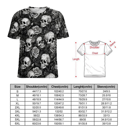 Size chart for custom all-over print tee shirt: Shoulder, chest, length, sleeve.