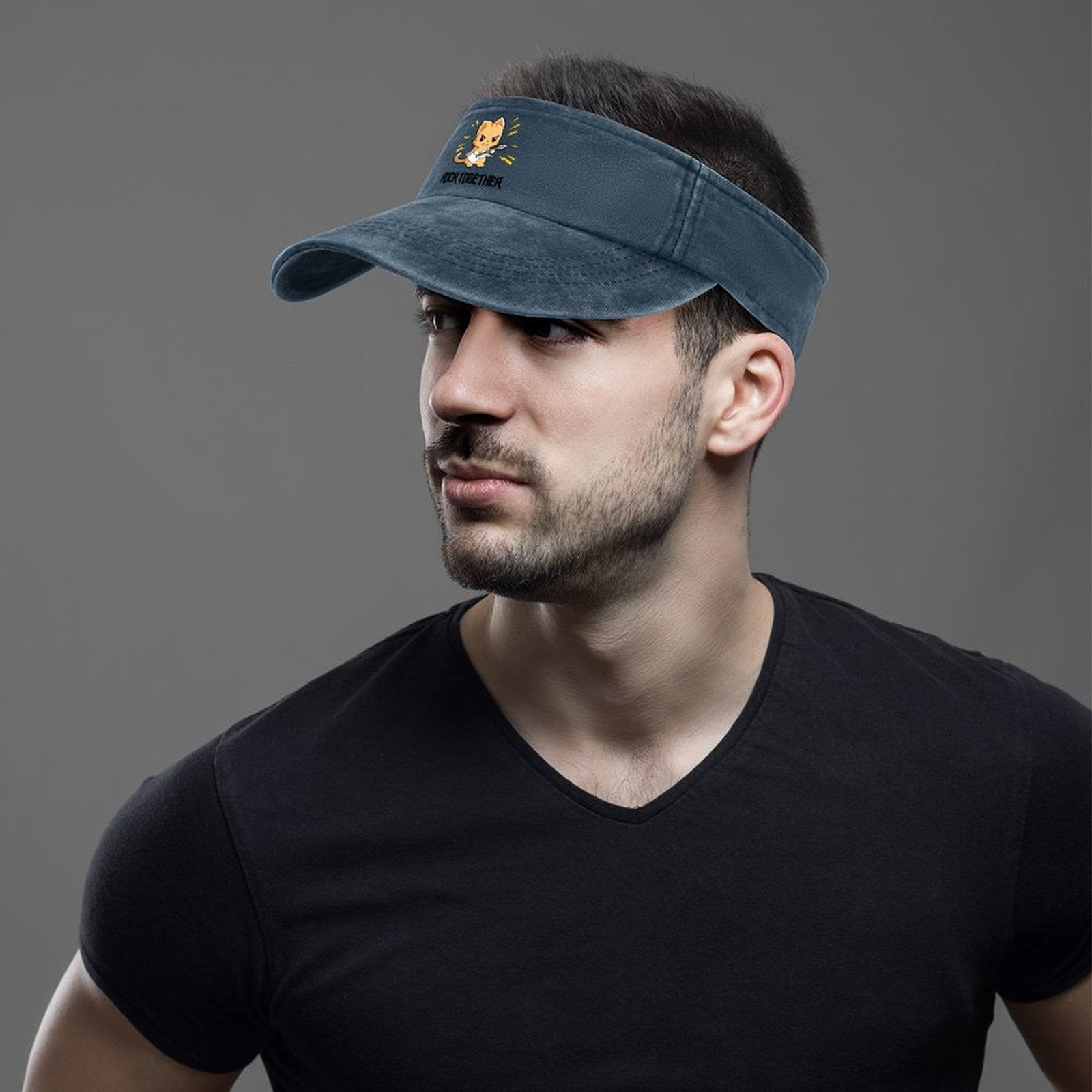 Man wearing Custom Text Golf Visor. Adjustable fit, sport performance.