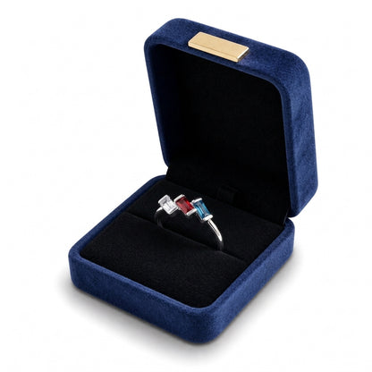 Custom three baguette birthstone geometric ring gift box vie