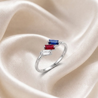 Custom three baguette birthstone geometric ring side view