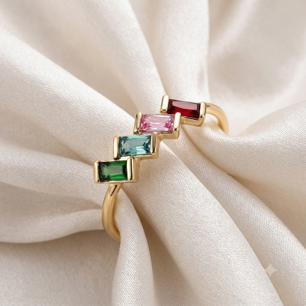 Custom three baguette birthstone geometric ring styled view