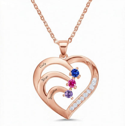 Rose gold triple name heart pendant with birthstones.
