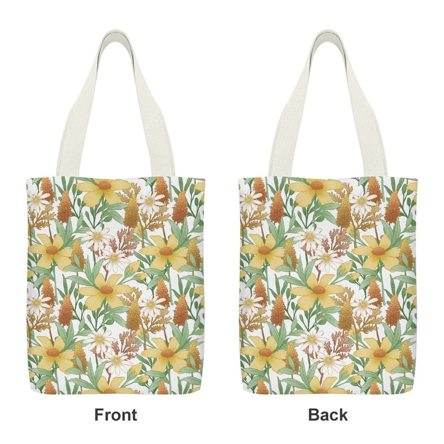 Custom Full Print Reusable Canvas Tote Bag, showing front and back floral pattern design.