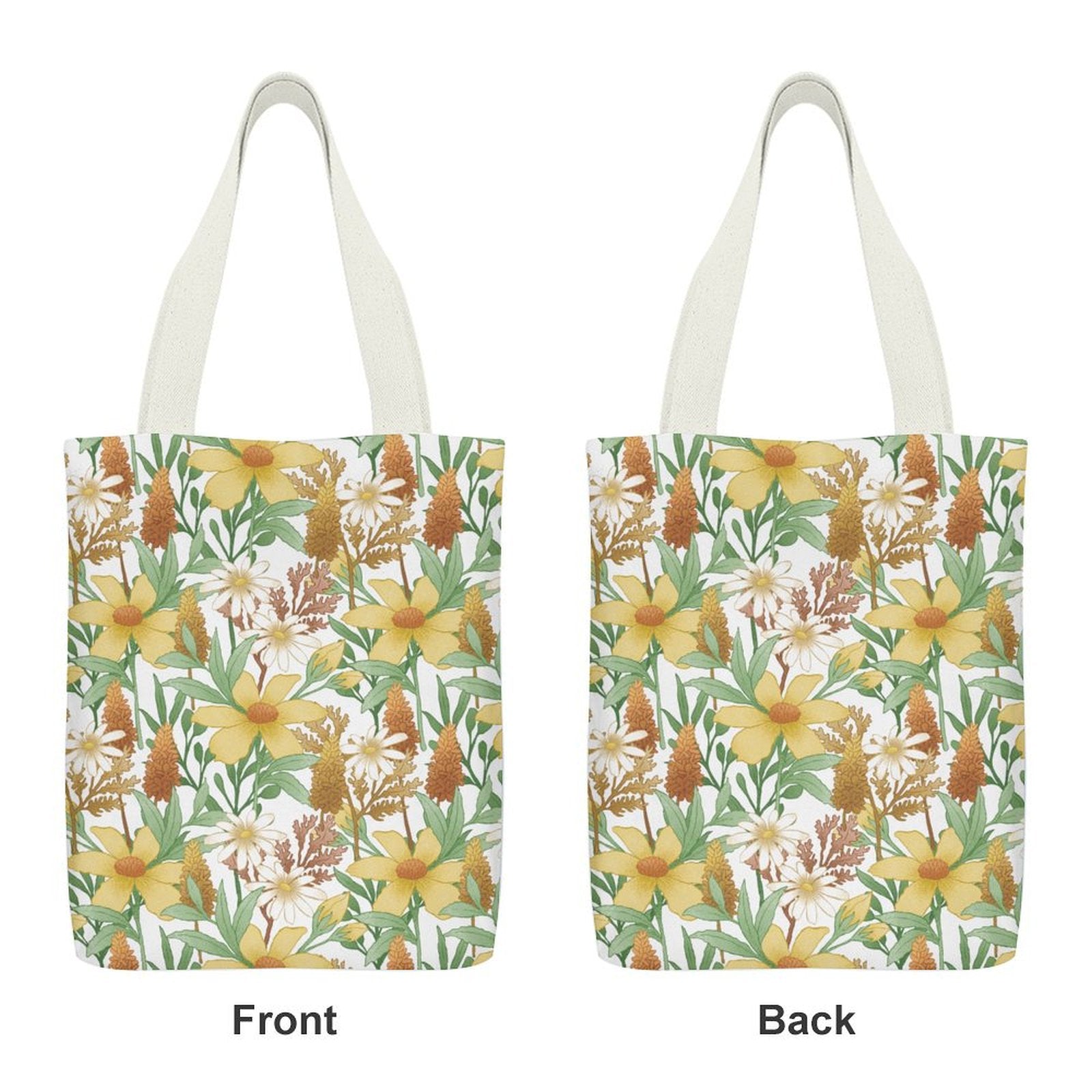 Custom Full Print Reusable Canvas Tote Bag, showing front and back floral pattern design.