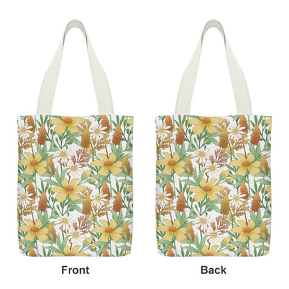 Custom Full Print Reusable Canvas Tote Bag, showing front and back floral pattern design.