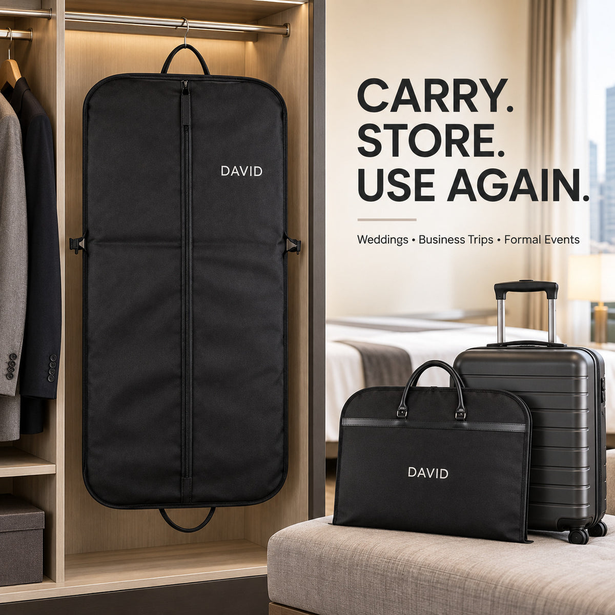 Custom travel suit bag shown for wardrobe storage and business trip organization