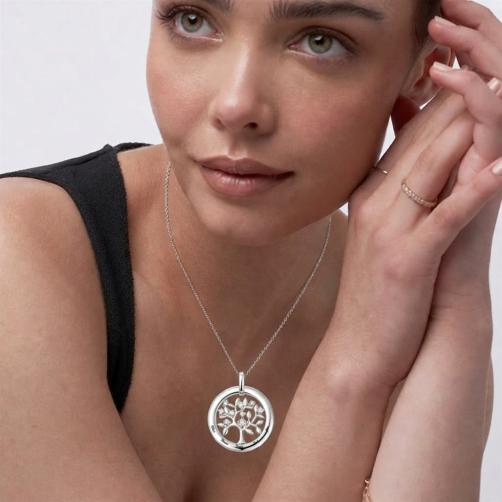 Woman wearing a tree of life necklace