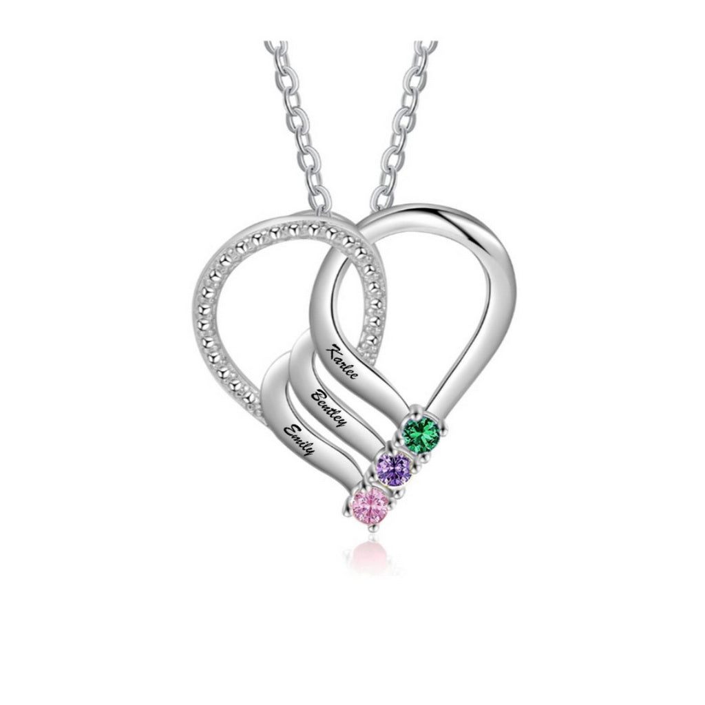 Silver heart pendant with 3 names and colorful stones.