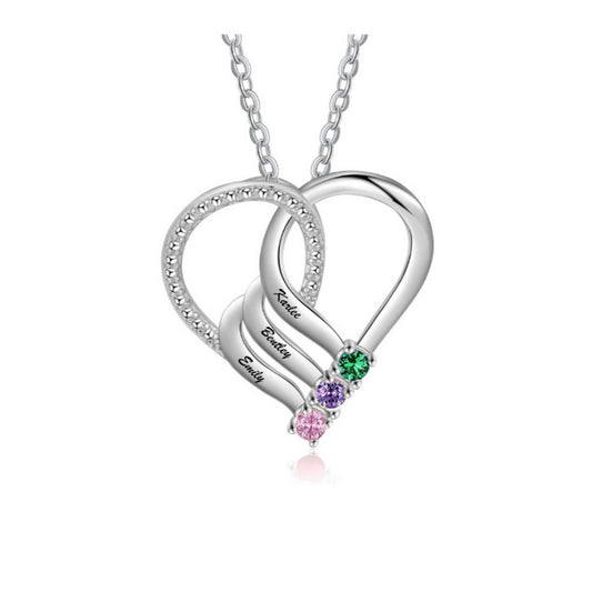 Silver heart pendant with 3 names and colorful stones.