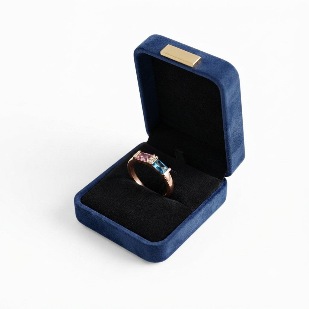 Custom two baguette birthstone geometric band ring gift box