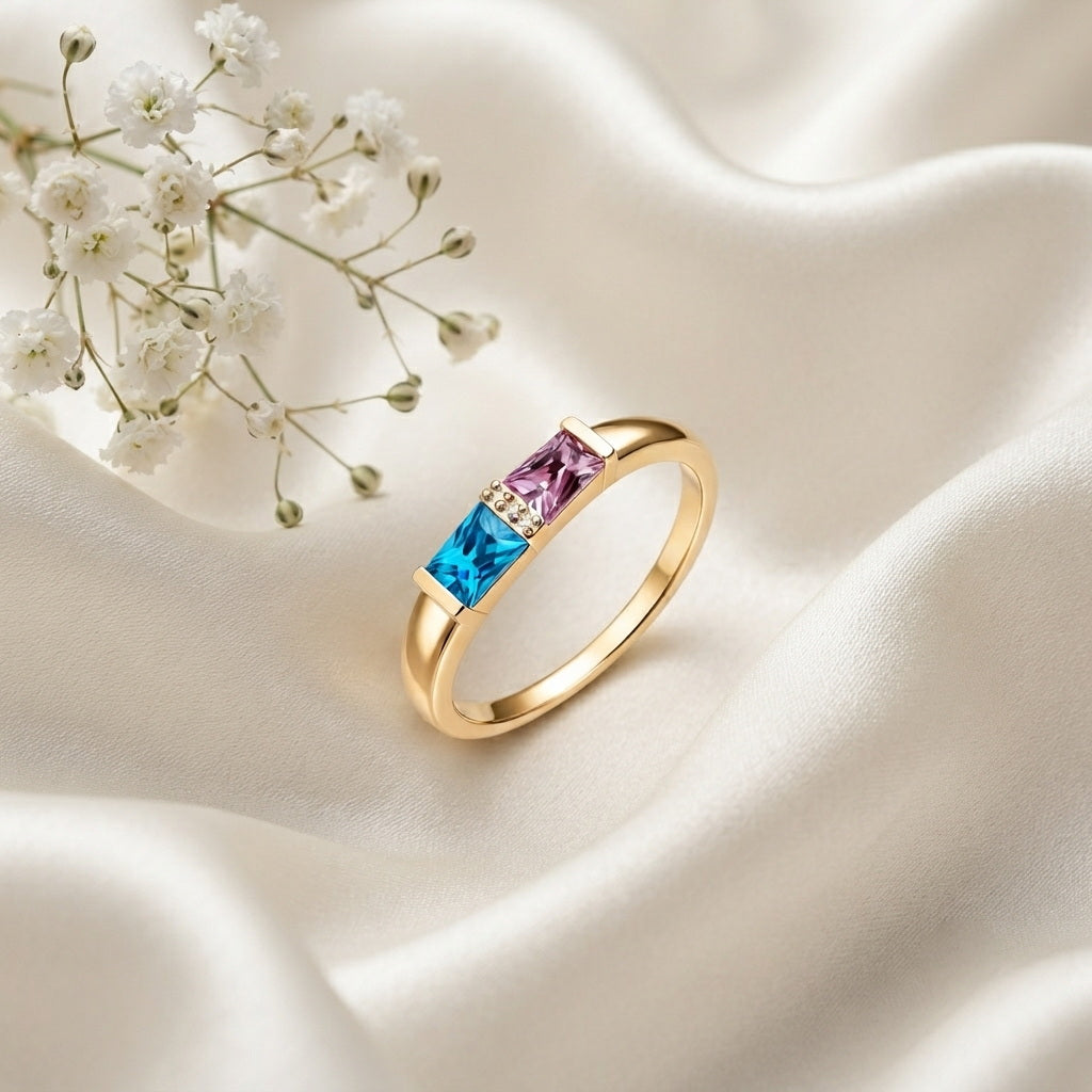 Custom two baguette birthstone geometric band ring lifestyle