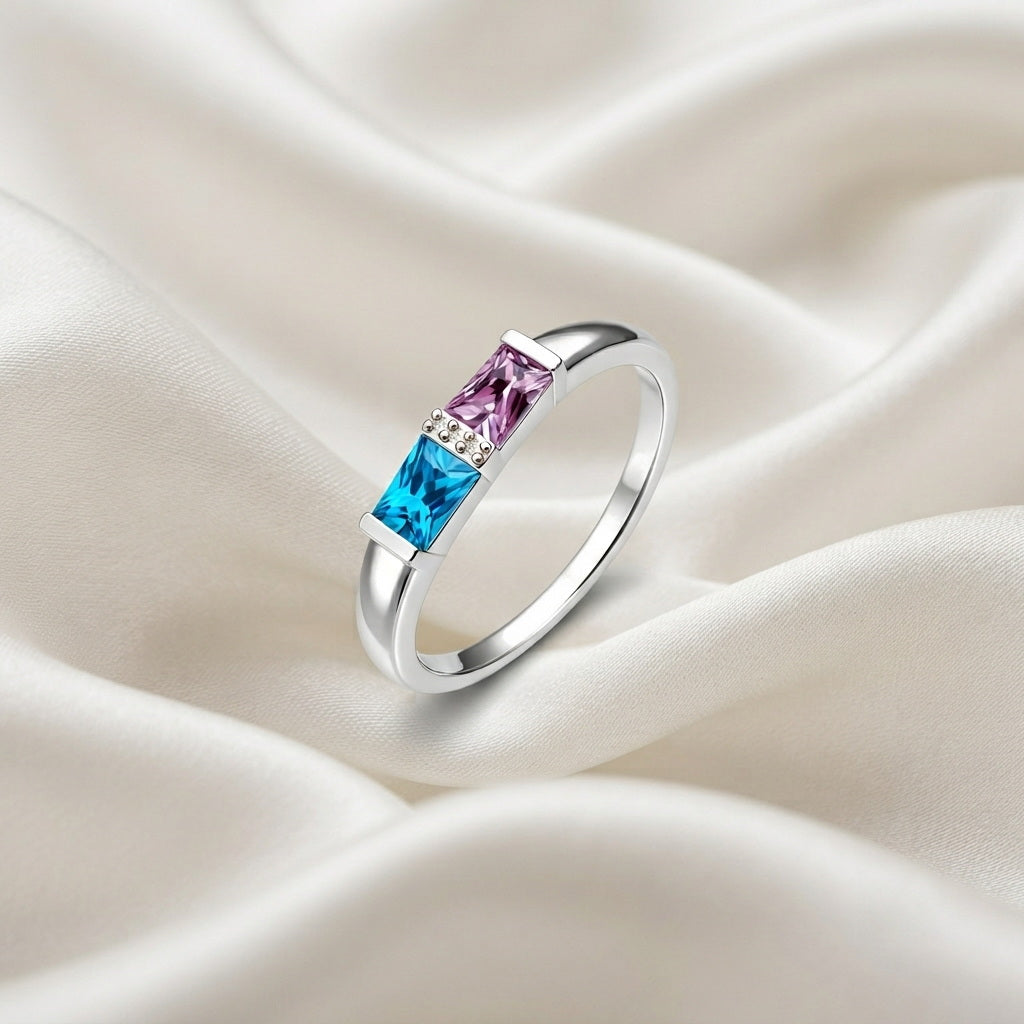 Custom two baguette birthstone geometric band ring styled vi