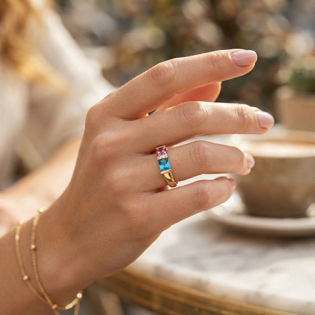 Custom two baguette birthstone geometric band ring worn on h