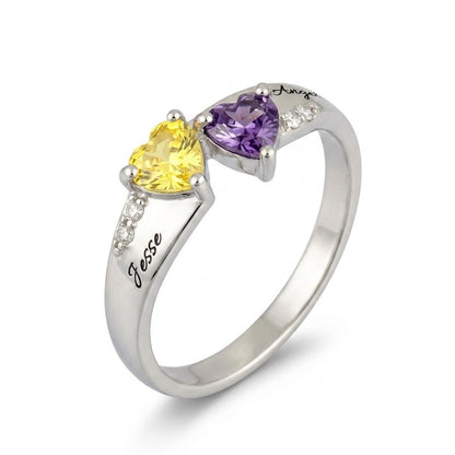 Custom two birthstone bypass ring with engraved names