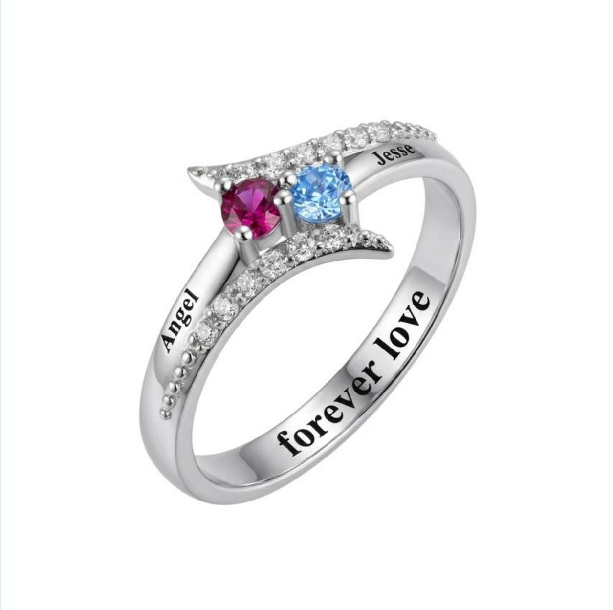 Custom Two Birthstone Engraved Name Ring main product view
