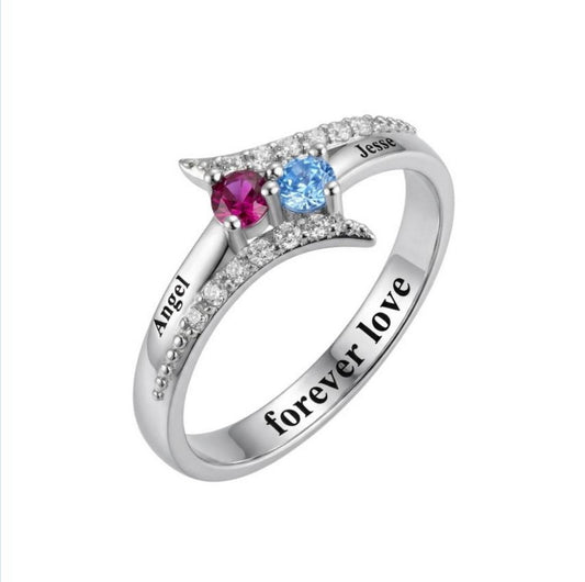 Custom Two Birthstone Engraved Name Ring main product view