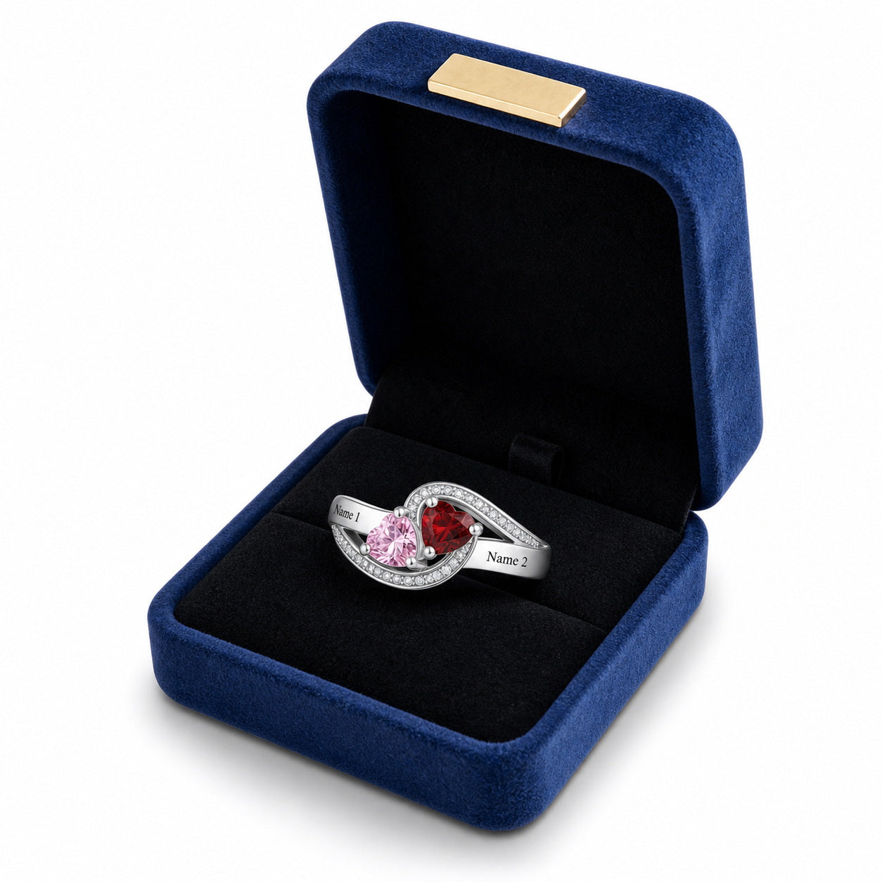Custom two birthstone heart bypass ring gift box view