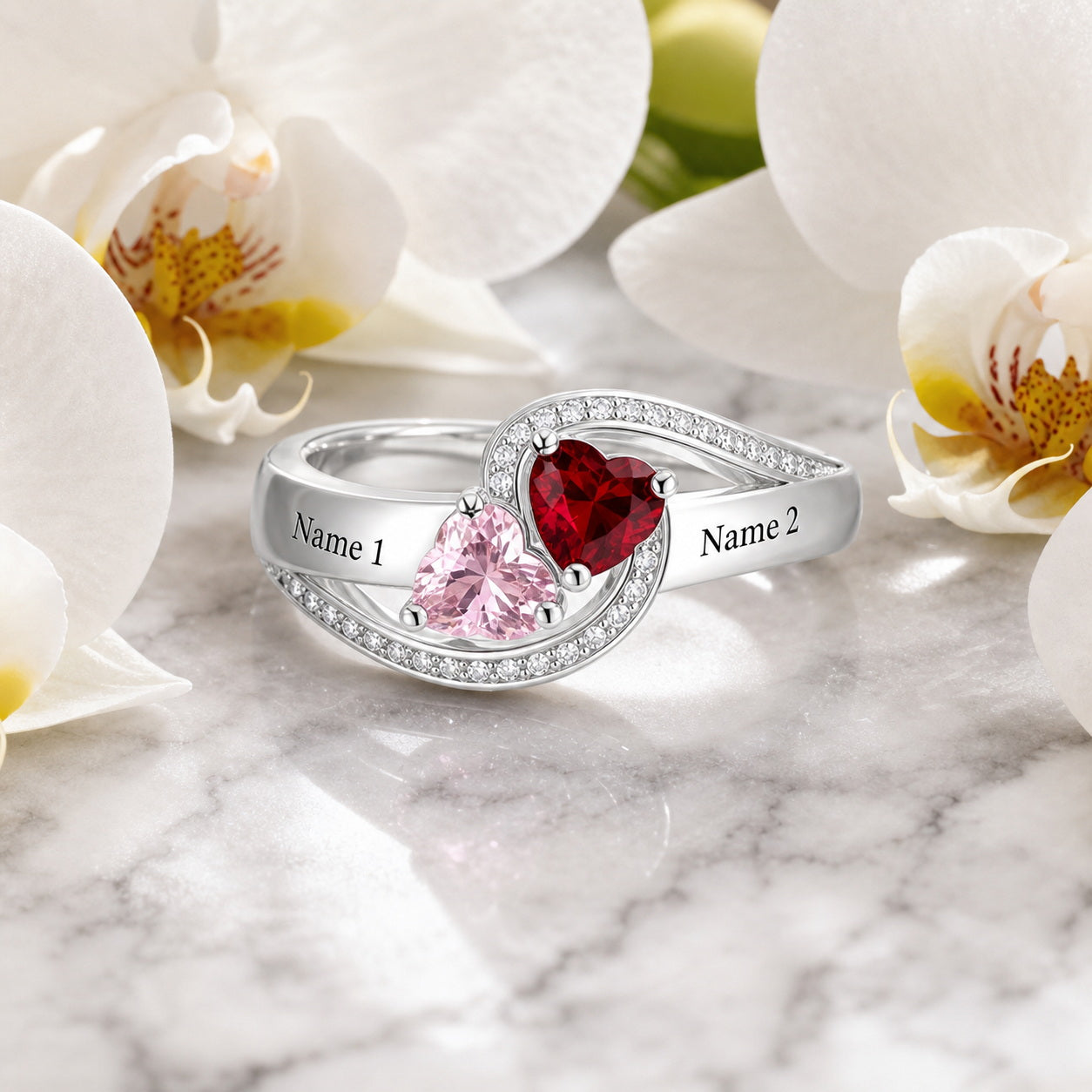 Custom two birthstone heart bypass ring lifestyle view