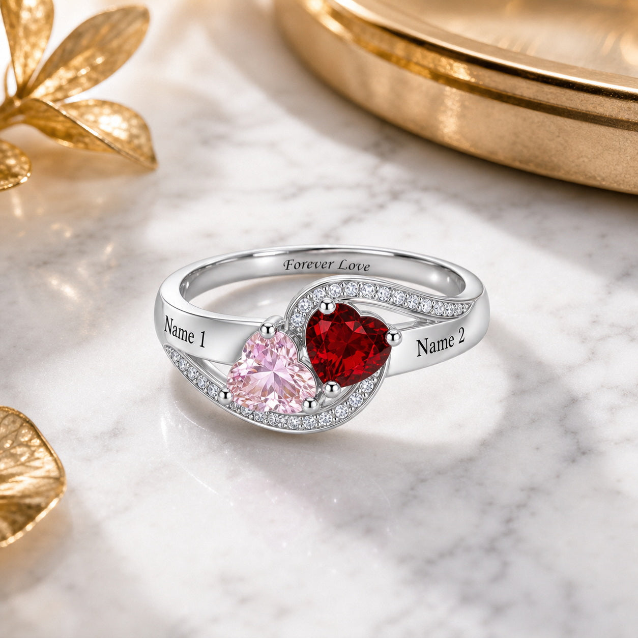 Custom two birthstone heart bypass ring styled view