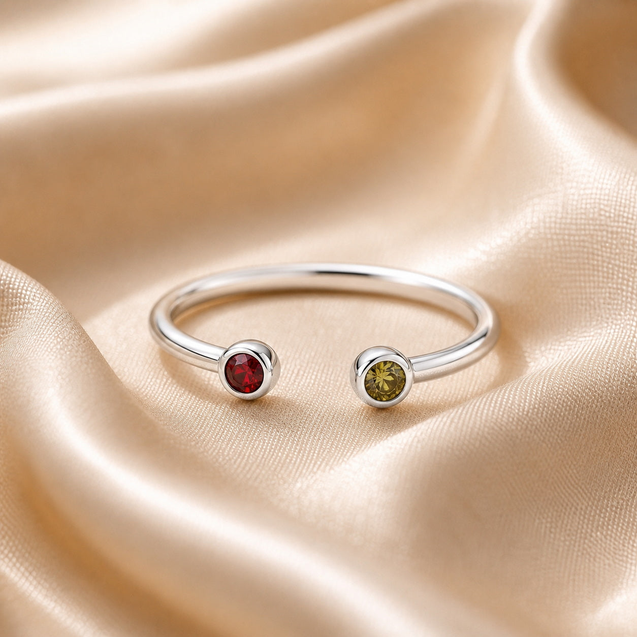 Custom two birthstone open ring detail view