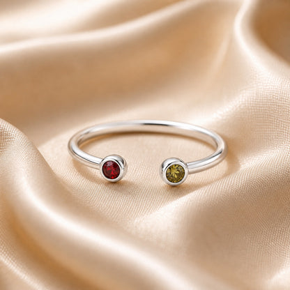 Custom two birthstone open ring detail view
