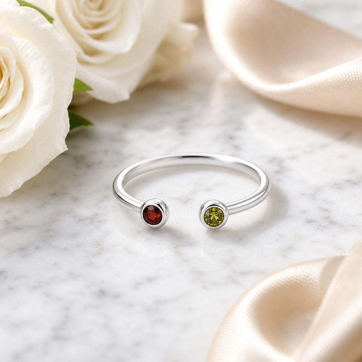 Custom two birthstone open ring side view
