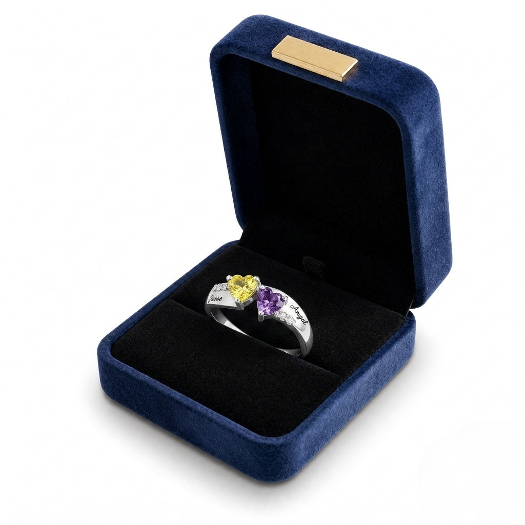 Custom two birthstone ring presented in a gift box