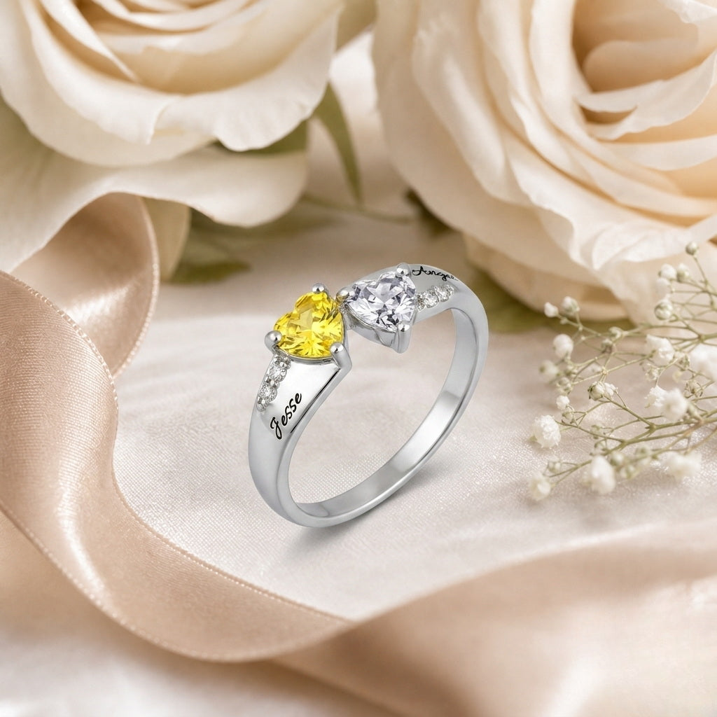 Personalized two birthstone ring shown in everyday wear