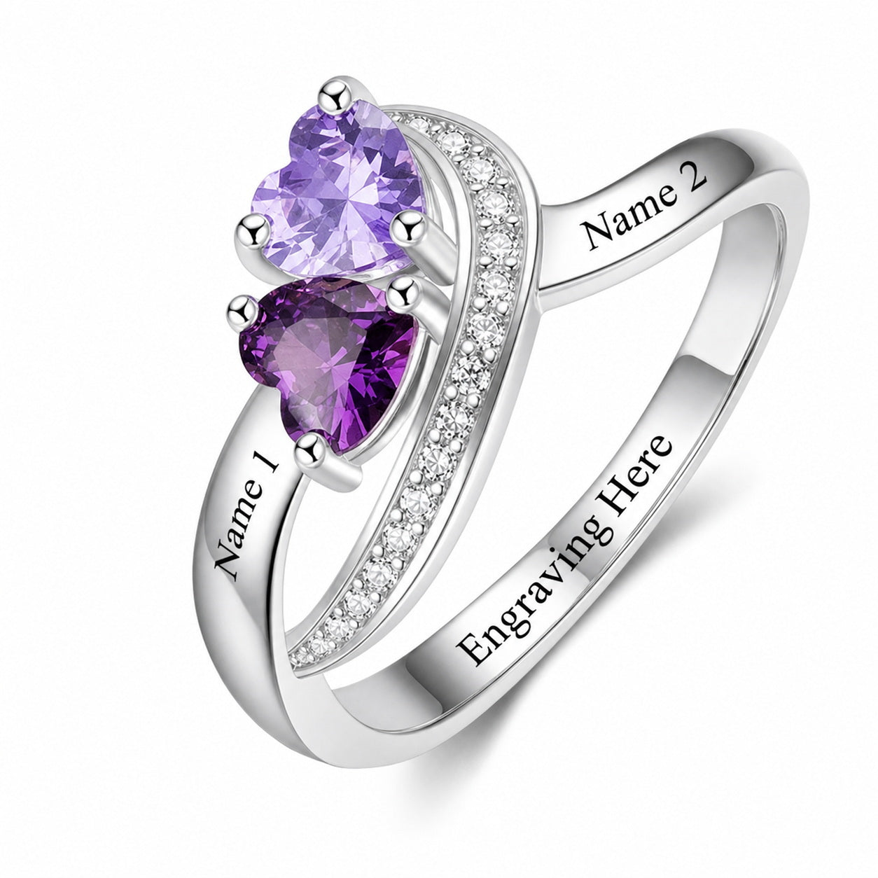 Custom two birthstone engraved split shank ring detail view