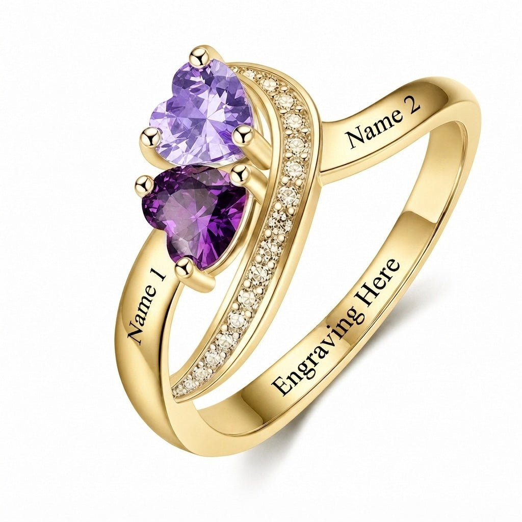 Custom two birthstone engraved split shank ring main view