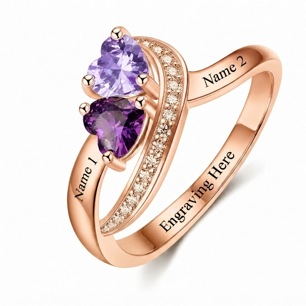 Custom two birthstone engraved split shank ring side view