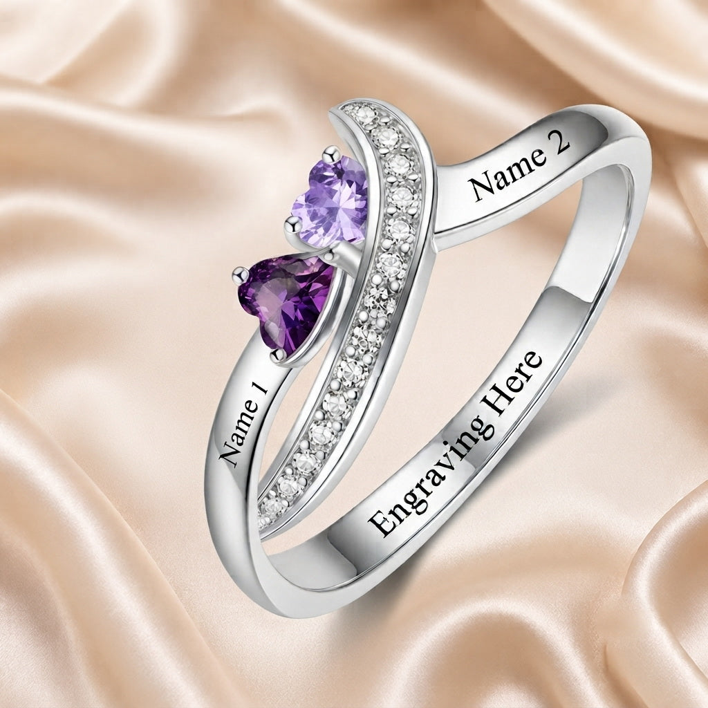 Custom two birthstone engraved split shank ring styled view