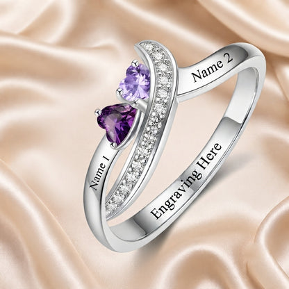 Custom two birthstone engraved split shank ring styled view