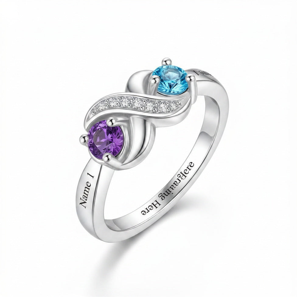 Custom two birthstone swirl engraved name ring main view