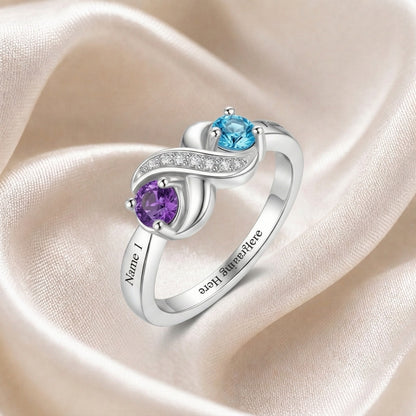 Custom two birthstone swirl engraved name ring styled view