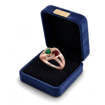 Custom two heart birthstone infinity ring gift box view