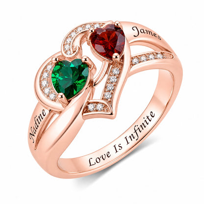 Custom two heart birthstone infinity engraved ring side view