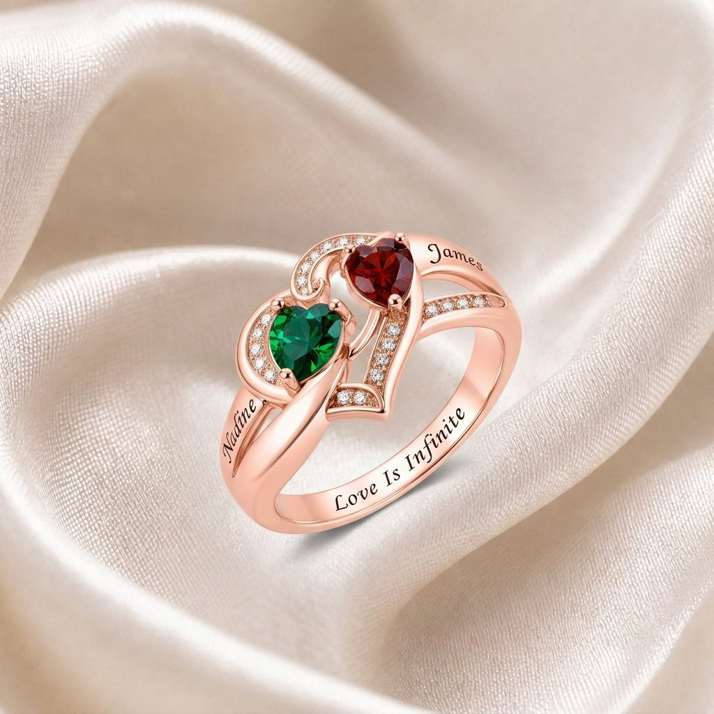 Custom two heart birthstone infinity ring styled view