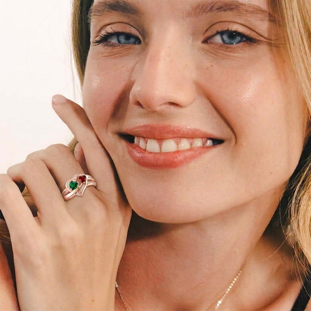 Custom two heart birthstone infinity ring worn on hand