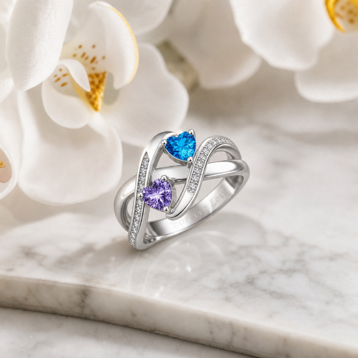 Custom two heart birthstone promise ring styled view