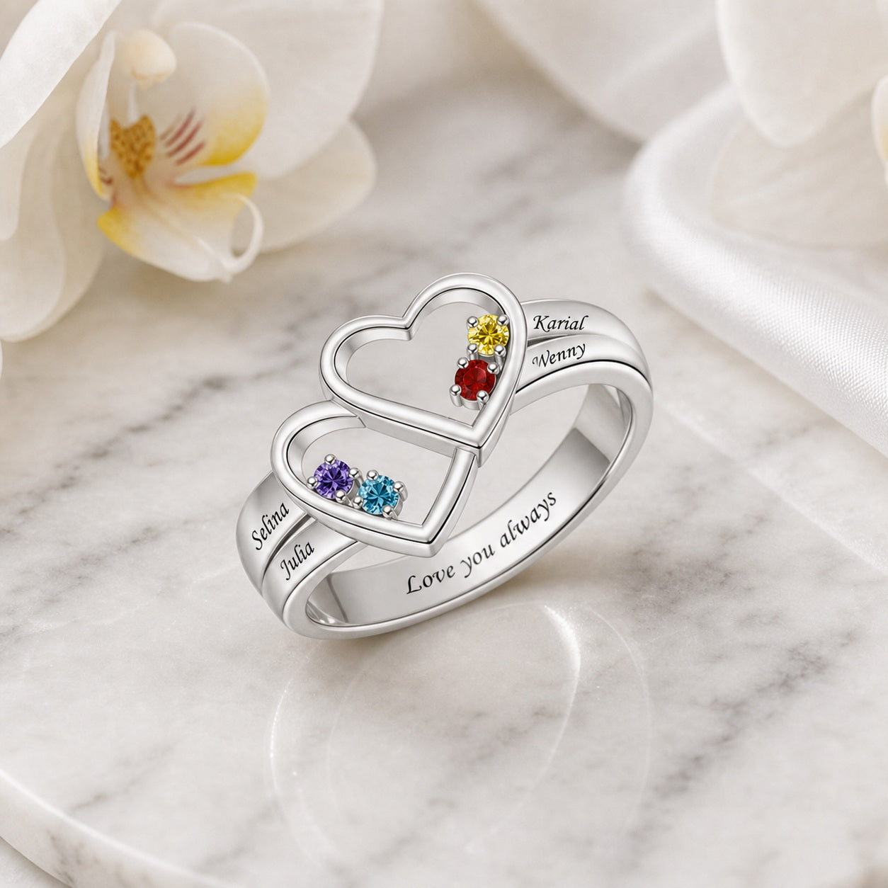 Custom two heart family name ring flower scene jewelry view