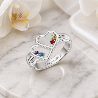 Custom two heart family name ring flower scene jewelry view