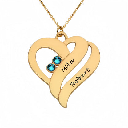 Gold plated personalized two hearts necklace with custom names and blue birthstones. Ideal anniversary or Mother's Day gift.