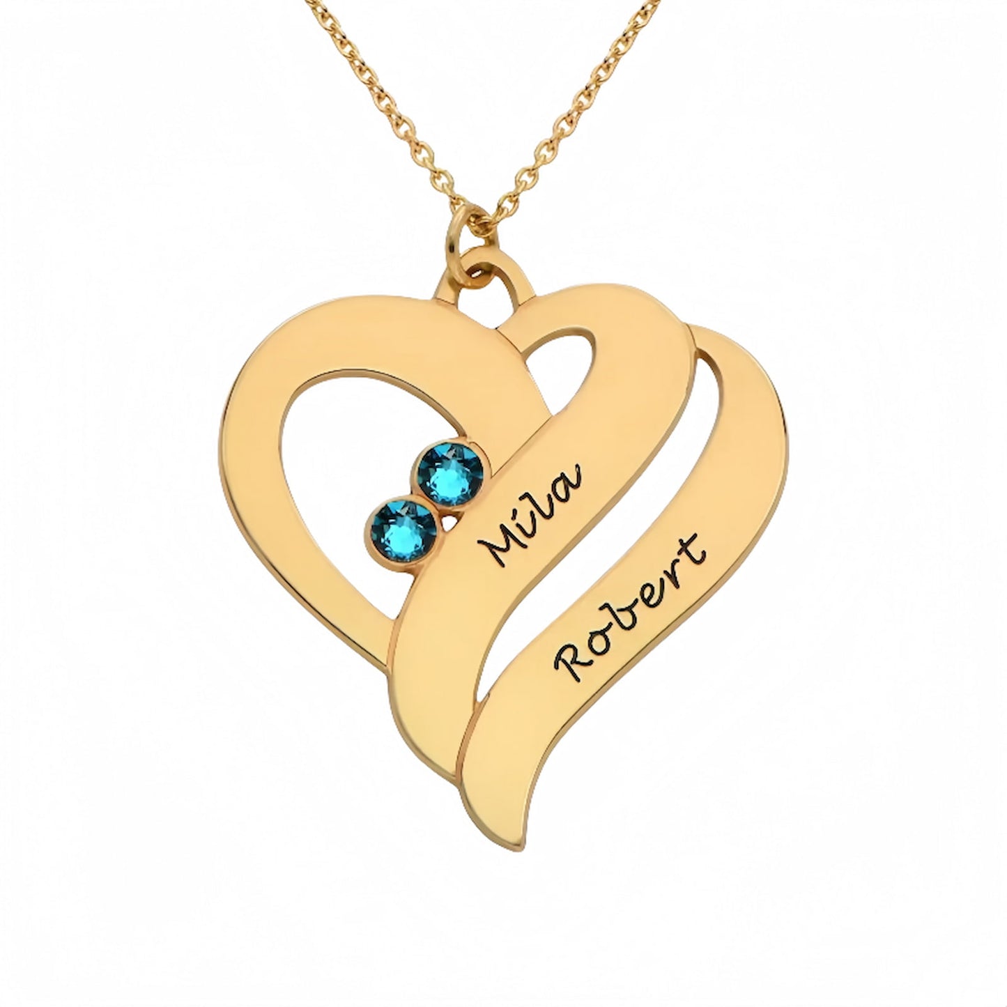 Collier personnalisé Deux Cœurs pour Toujours avec Pierres de Naissance et Prénoms - Cadeau pour Elle