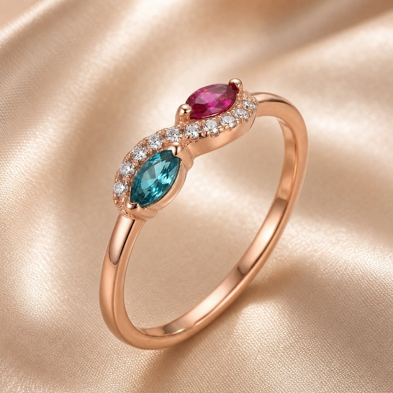 Custom two marquise birthstone vine ring side view
